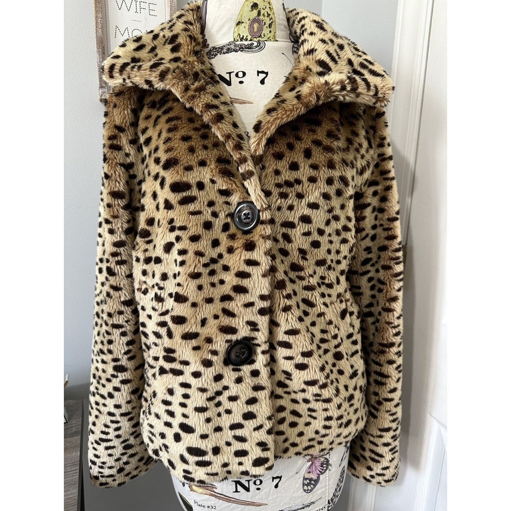 Vintage‎ Coffee Shop Medium Womens Jacket Faux Fur Animal Print Button High Neck